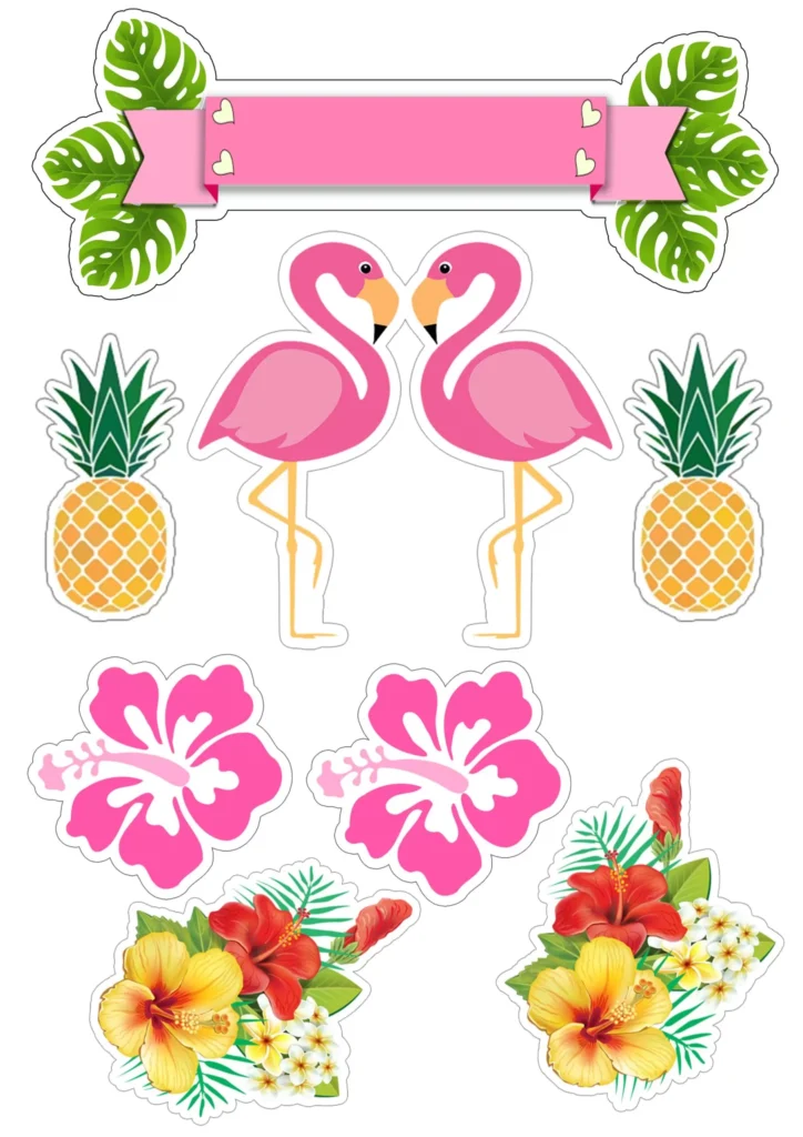 Topo de Bolo Flamingo para Festa Tropical de Menina Adolescente. Decoração com flamingos rosa, abacaxis, hibiscos e folhas de monstera.
