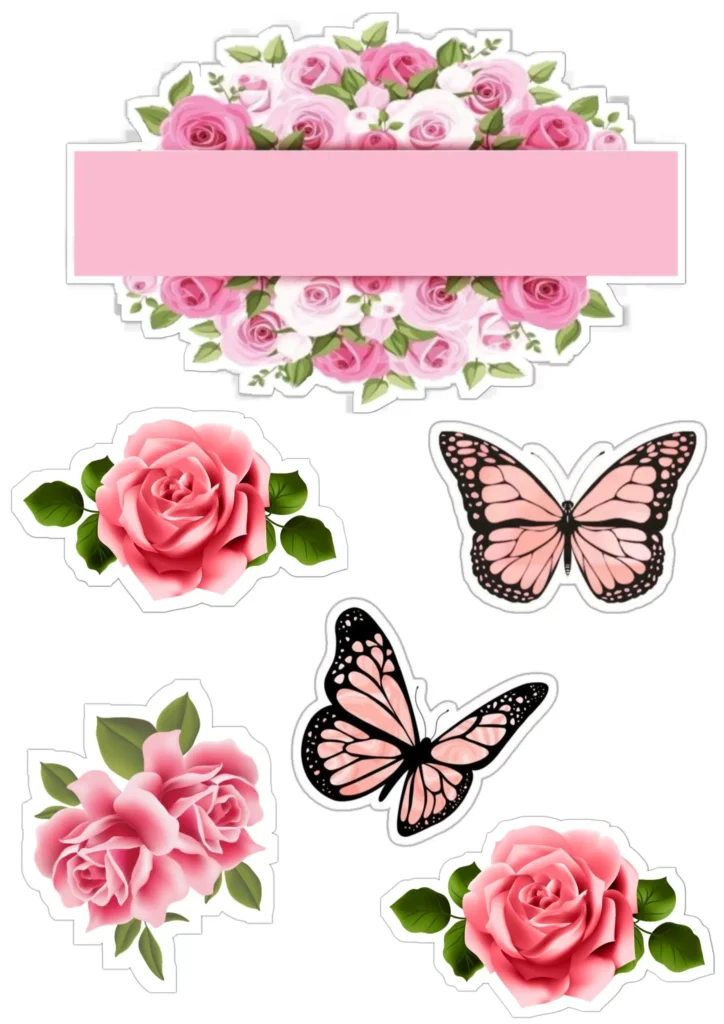Topo de Bolo Menina Flores Rosas e Borboletas: Decoração charmosa para festa de adolescente.