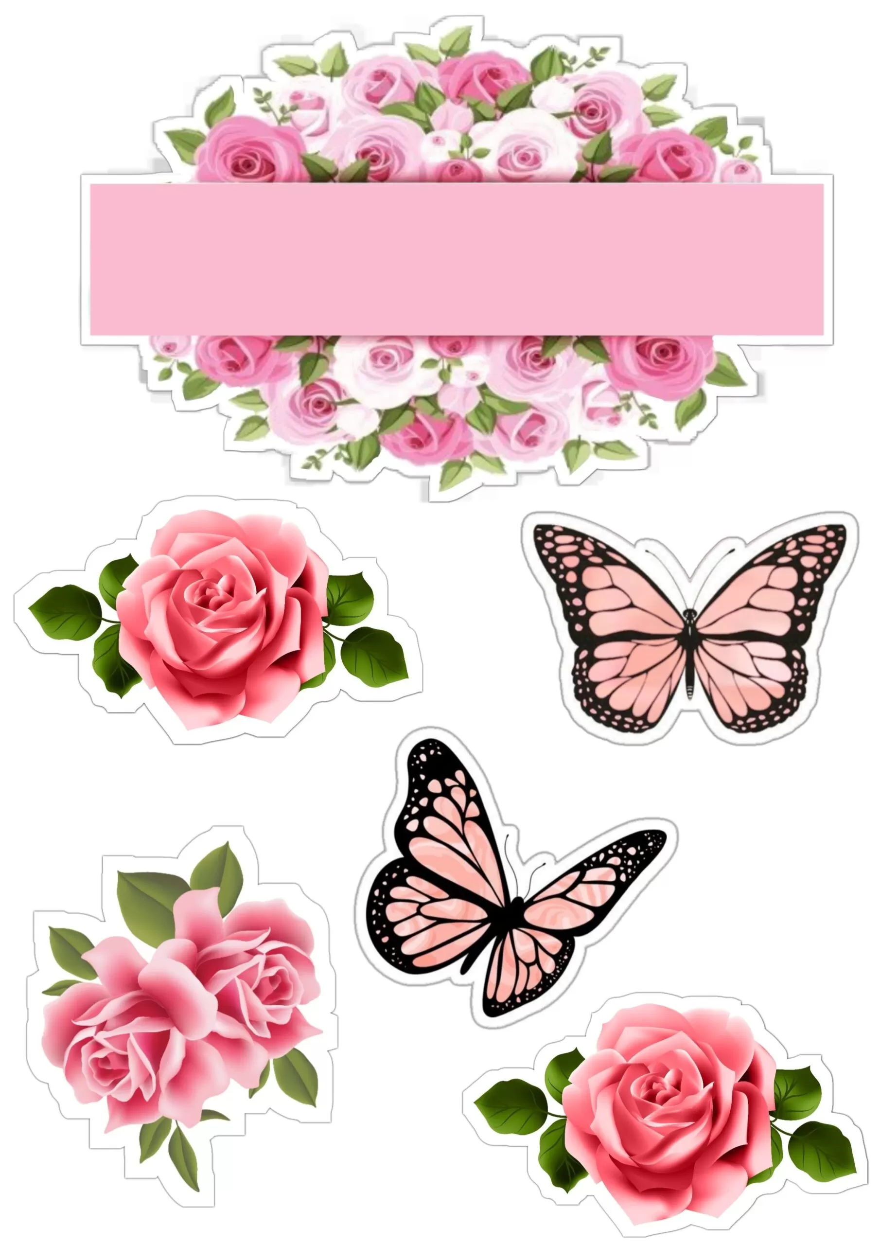 Topo de Bolo Menina Flores Rosas e Borboletas: Decoração charmosa para festa de adolescente.