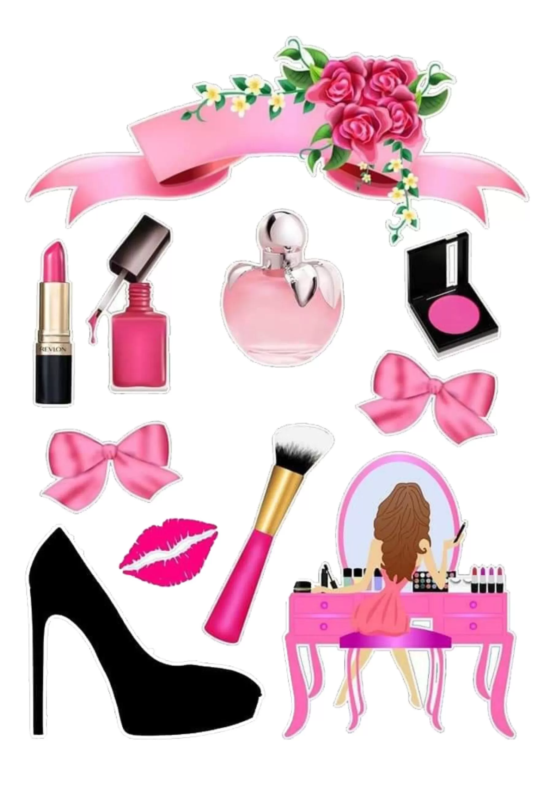 Topo de Bolo Maquiagem Barbie para Festa Adolescente: Decoração com Batom, Esmalte, Blush e Penteadeira Rosa.