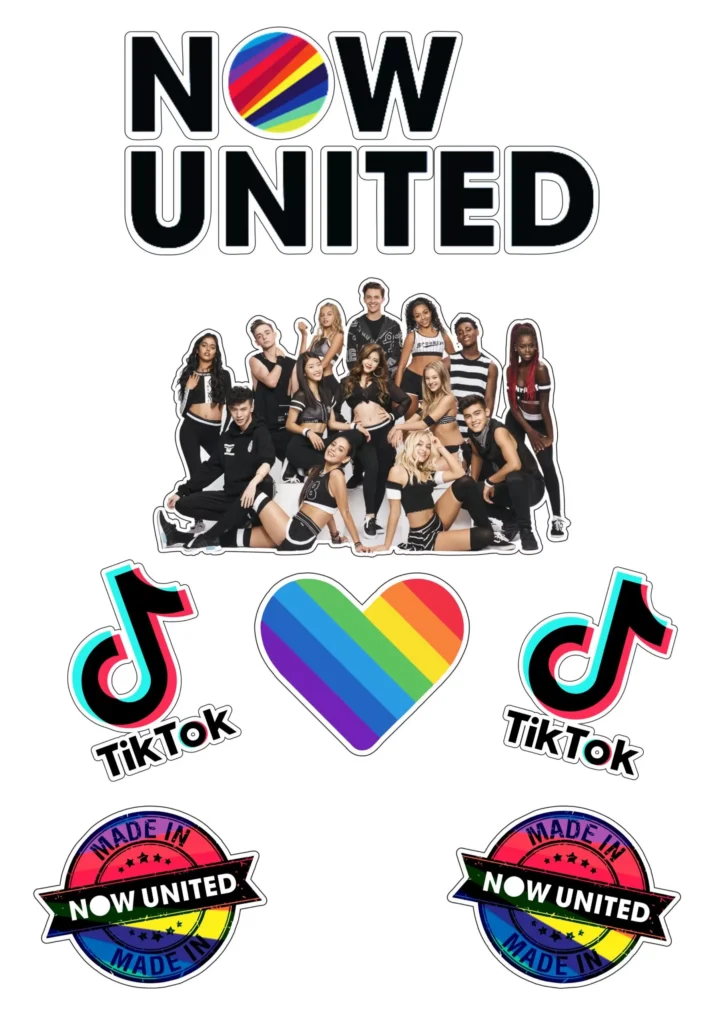 Topo de bolo Now United TikTok para festa de adolescente. Decoração temática com o nome da banda e logos do TikTok.