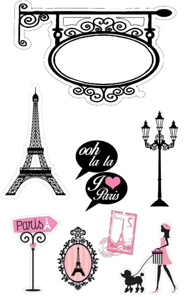 Topo de Bolo Menina Paris: Decoração temática para festa de adolescente com Torre Eiffel, balões 'ooh la la' e letreiro 'I ❤️ Paris'.