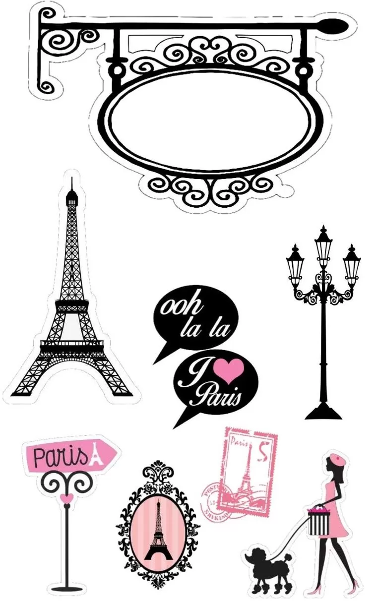 Topo de Bolo Menina Paris: Decoração temática para festa de adolescente com Torre Eiffel, balões 'ooh la la' e letreiro 'I ❤️ Paris'.