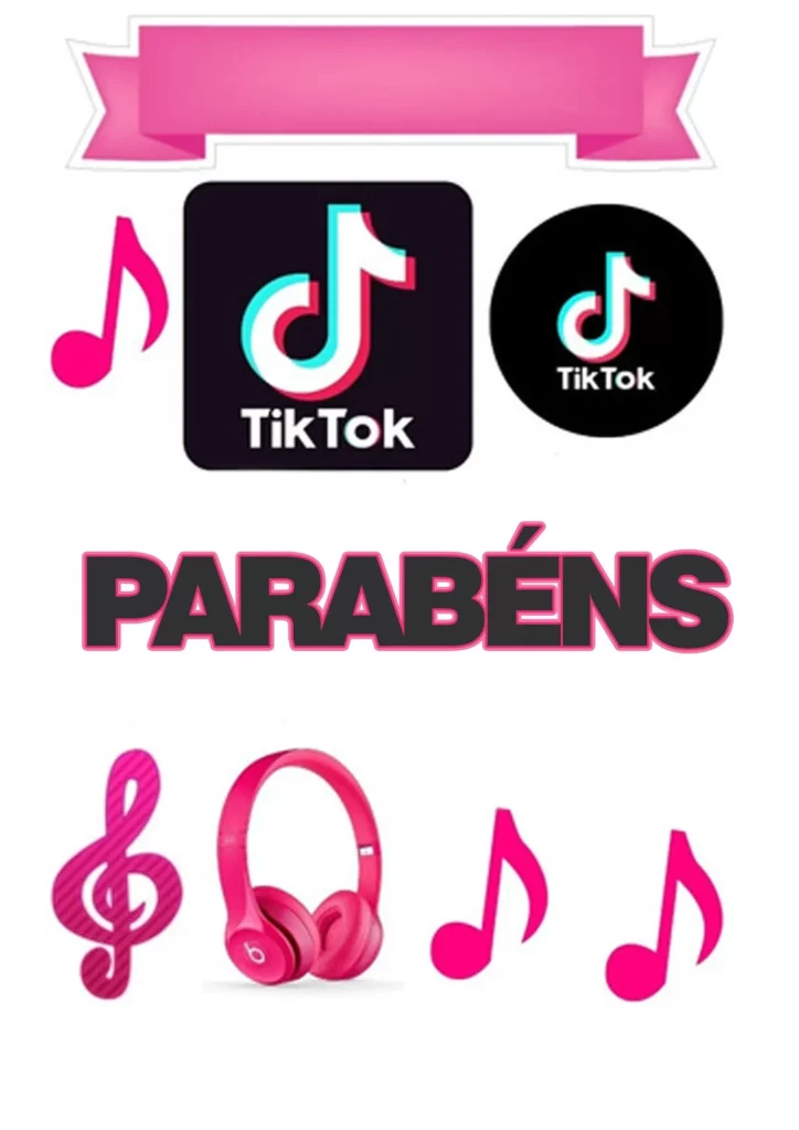 Topo de Bolo Tik Tok para Festa de Adolescente. Decoração com faixa rosa personalizável, logos do Tik Tok, notas musicais e fone de ouvido.