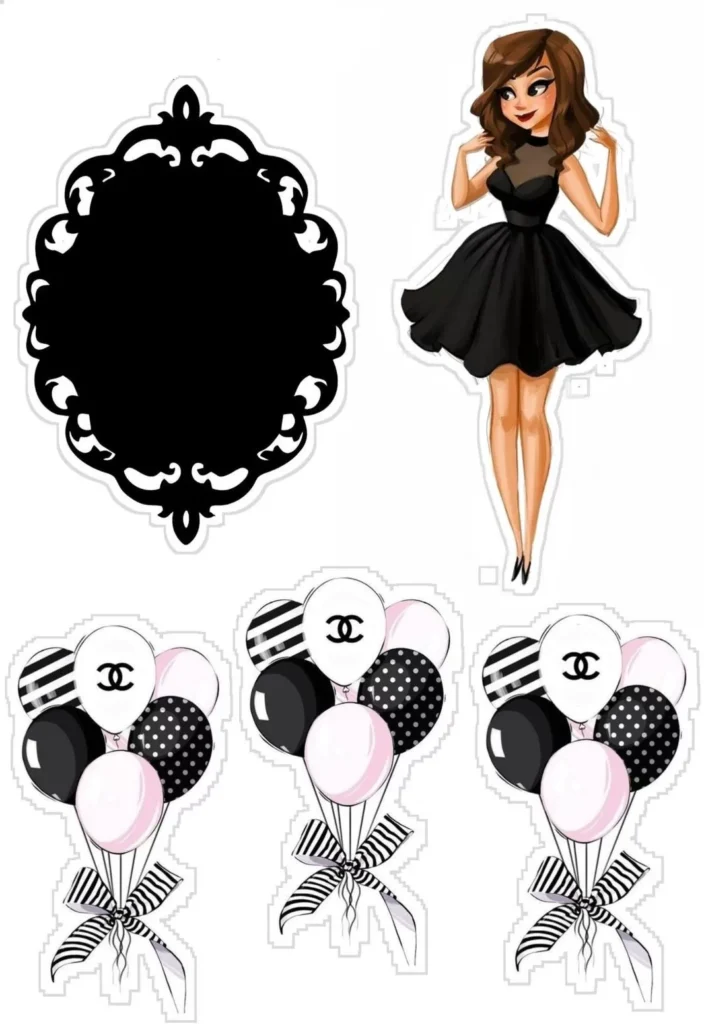 Topo de Bolo Tumblr Princesa de Preto: Decoração Adolescente com Vestido Preto, Balões e Moldura