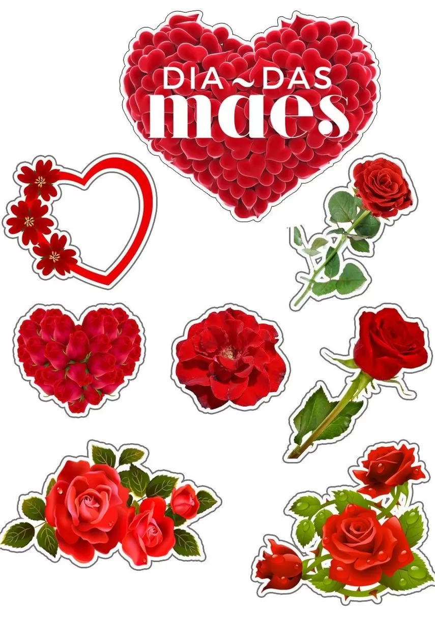 Topo de Bolo Dia das Mães Rosa Vermelha: Decoração festiva com corações e rosas.