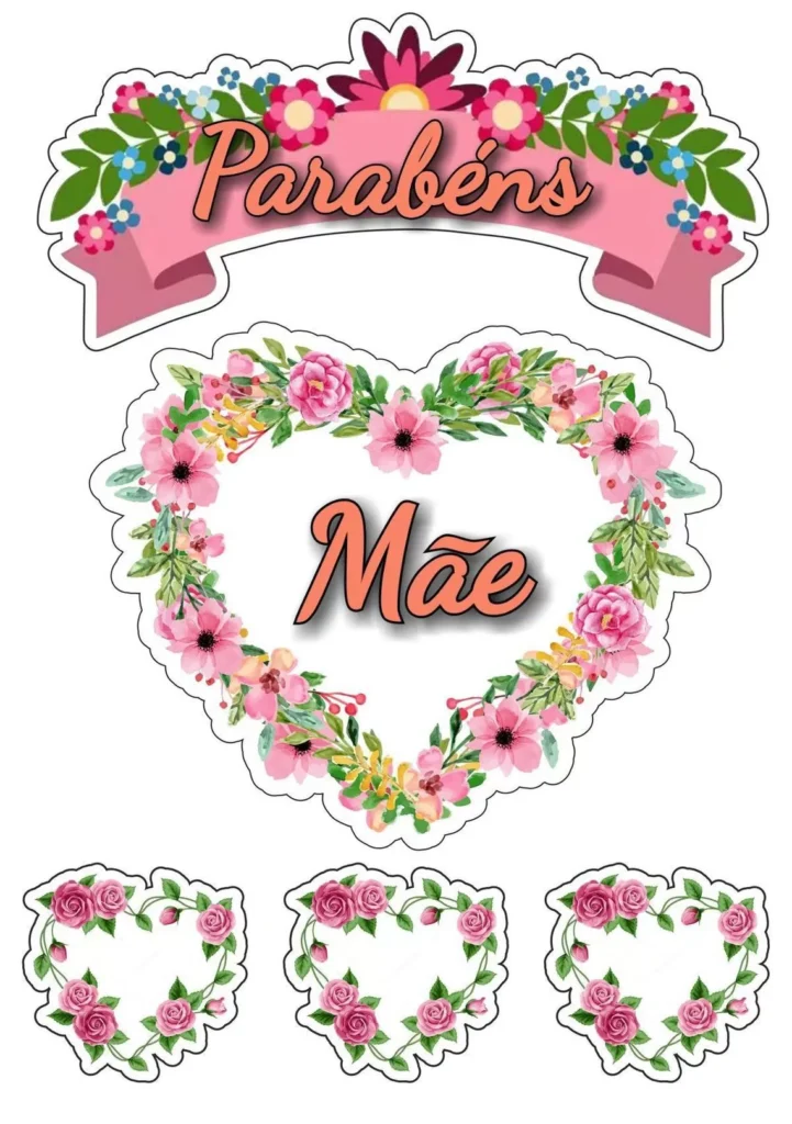 Topo de Bolo Dia das Mães Parabéns Mãe Topo de Bolo Dia das Mães com Decoração Floral e Mensagem Parabéns Mãe