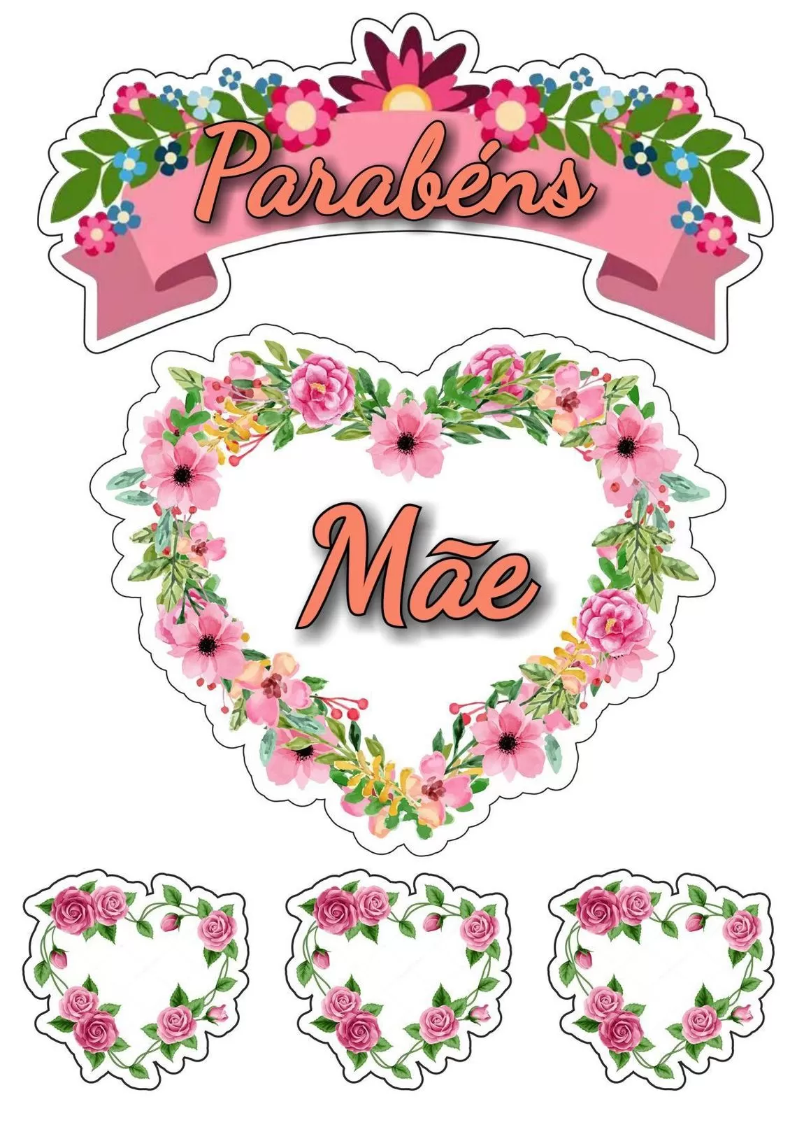 Topo de Bolo Dia das Mães Parabéns Mãe Topo de Bolo Dia das Mães com Decoração Floral e Mensagem Parabéns Mãe