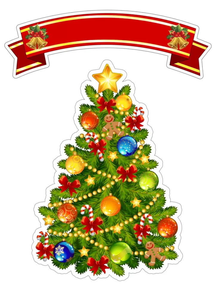 Topo de Bolo Árvore de Natal Feliz Natal. Enfeite natalino com faixa vermelha, árvore verde decorada com bolas coloridas, bengalas, bonecos de gengibre e estrela dourada.
