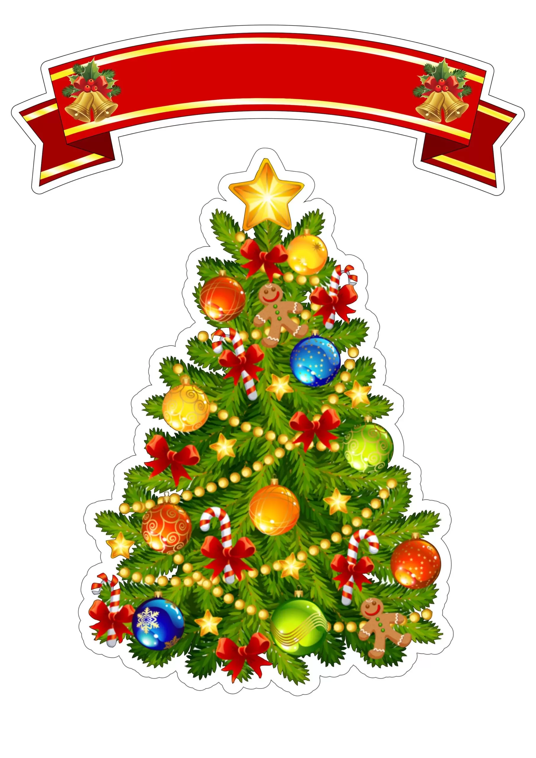Topo de Bolo Feliz Natal Árvore de Natal Topo de Bolo Árvore de Natal Feliz Natal. Enfeite natalino com faixa vermelha, árvore verde decorada com bolas coloridas, bengalas, bonecos de gengibre e estrela dourada.