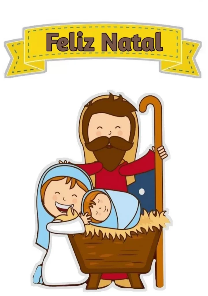 Topo de Bolo Natalino Bíblico: Sagrada Família celebrando o Feliz Natal.