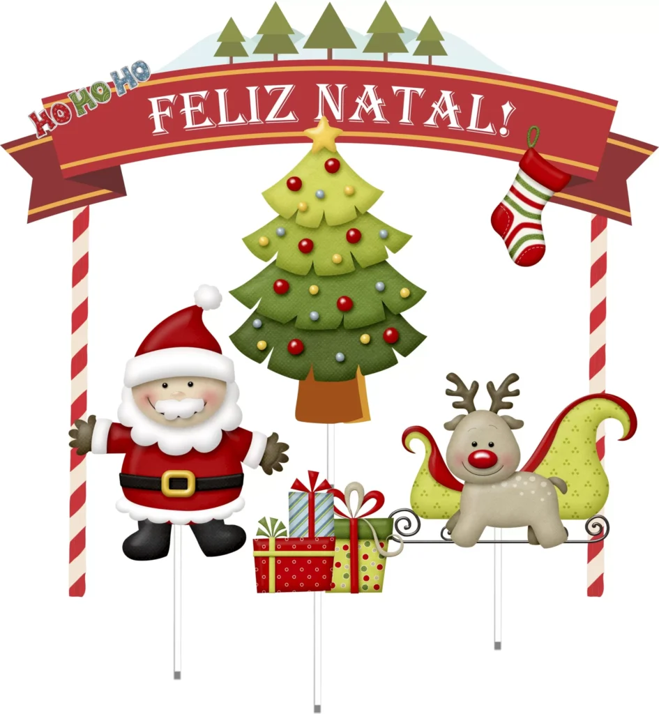 Topo de Bolo Feliz Natal: decoração festiva com Papai Noel, rena e árvore de Natal.