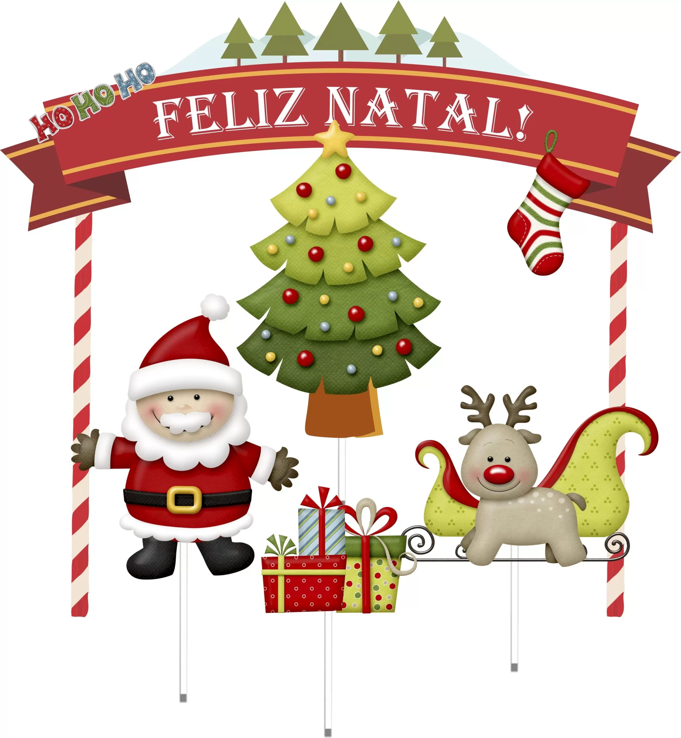 Topo de Bolo Feliz Natal Festa Feliz Topo de Bolo Feliz Natal: decoração festiva com Papai Noel, rena e árvore de Natal.