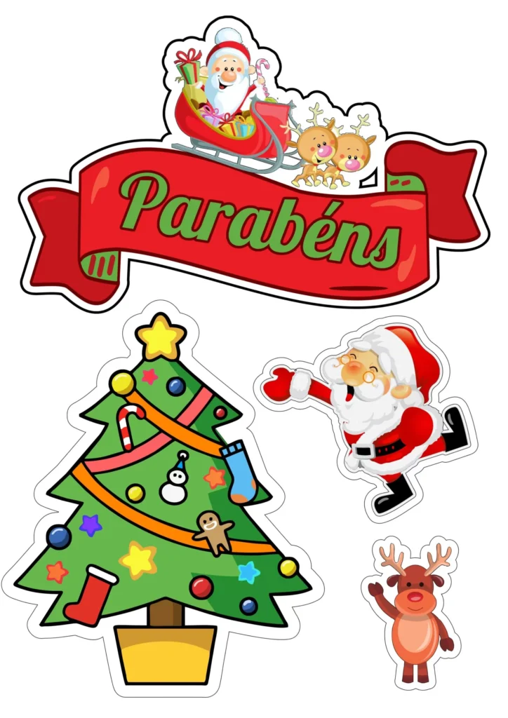 Topo de Bolo Papai Noel Feliz Natal com Renas e Presentes