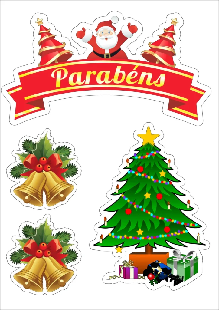 Topo de Bolo Feliz Natal e Parabéns: decoração festiva com Papai Noel, árvores de Natal e sinos dourados.