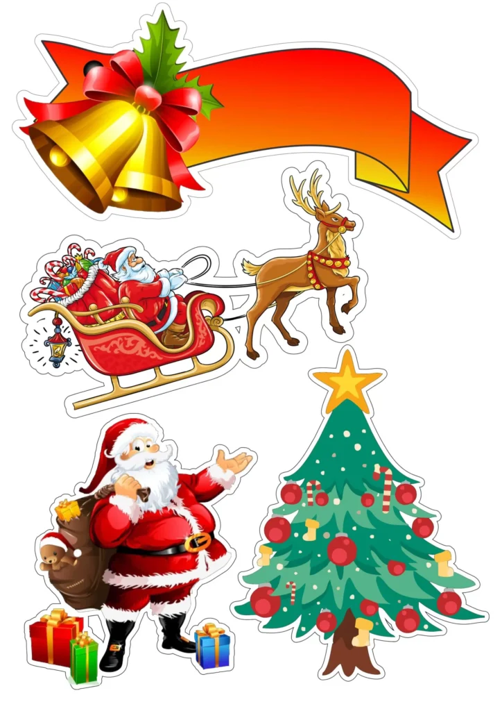Topo de Bolo Natalino com Papai Noel, Rena e Presentes