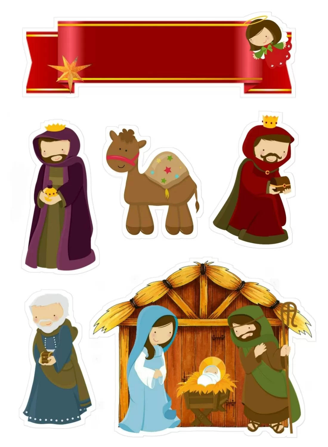 Topo de Bolo Feliz Natal Presépio Topo de Bolo Natalino Presépio: Decoração festiva com Sagrada Família, Reis Magos e detalhes vibrantes.