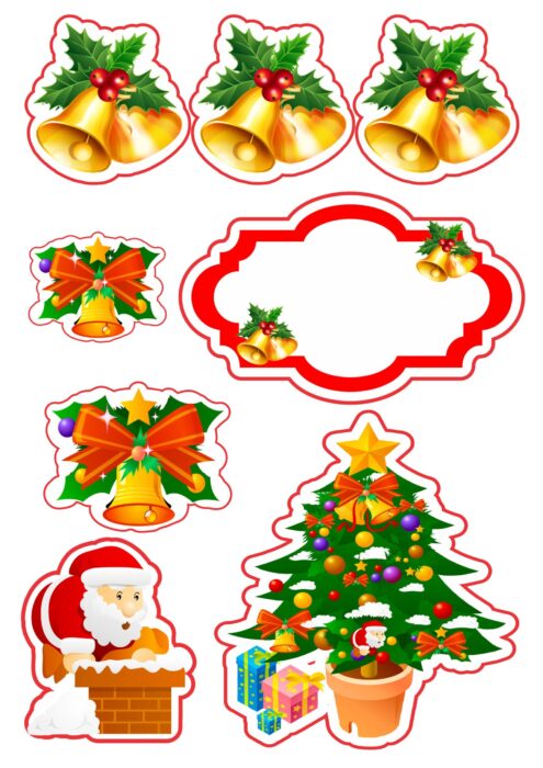 Topo de Bolo Natalino com Sinos Dourados, Papai Noel e Árvore Decorada