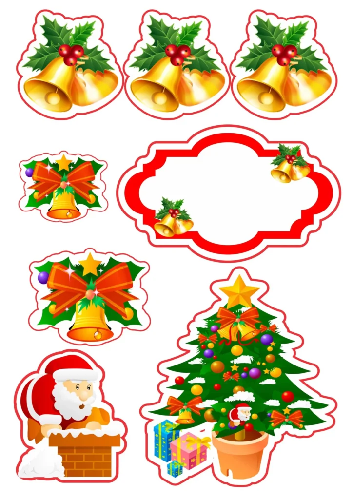 Topo de Bolo Natalino com Sinos Dourados, Papai Noel e Árvore Decorada