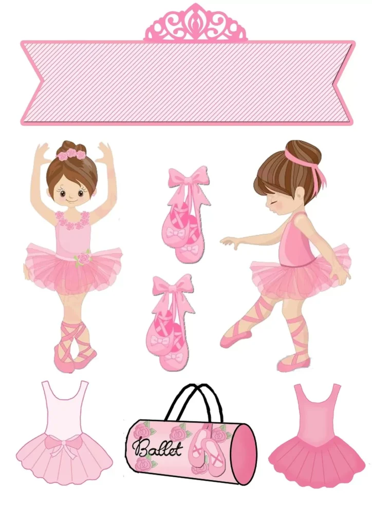 Topo de bolo bailarina rosa para festa infantil. Detalhes incluem coroa, bailarinas dançando, sapatilhas, tutus e sacola de balé.