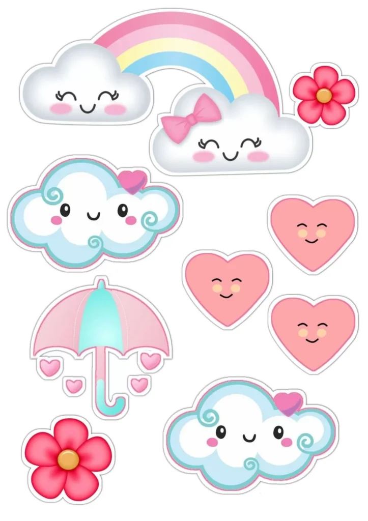 Topo de bolo 'Chuva de Amor' para festa de menina com nuvens, arco-íris e corações.