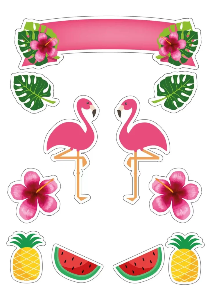 Topo de bolo flamingo tropical para festa de menina. Decoração vibrante com hibiscos, abacaxis e melancias.