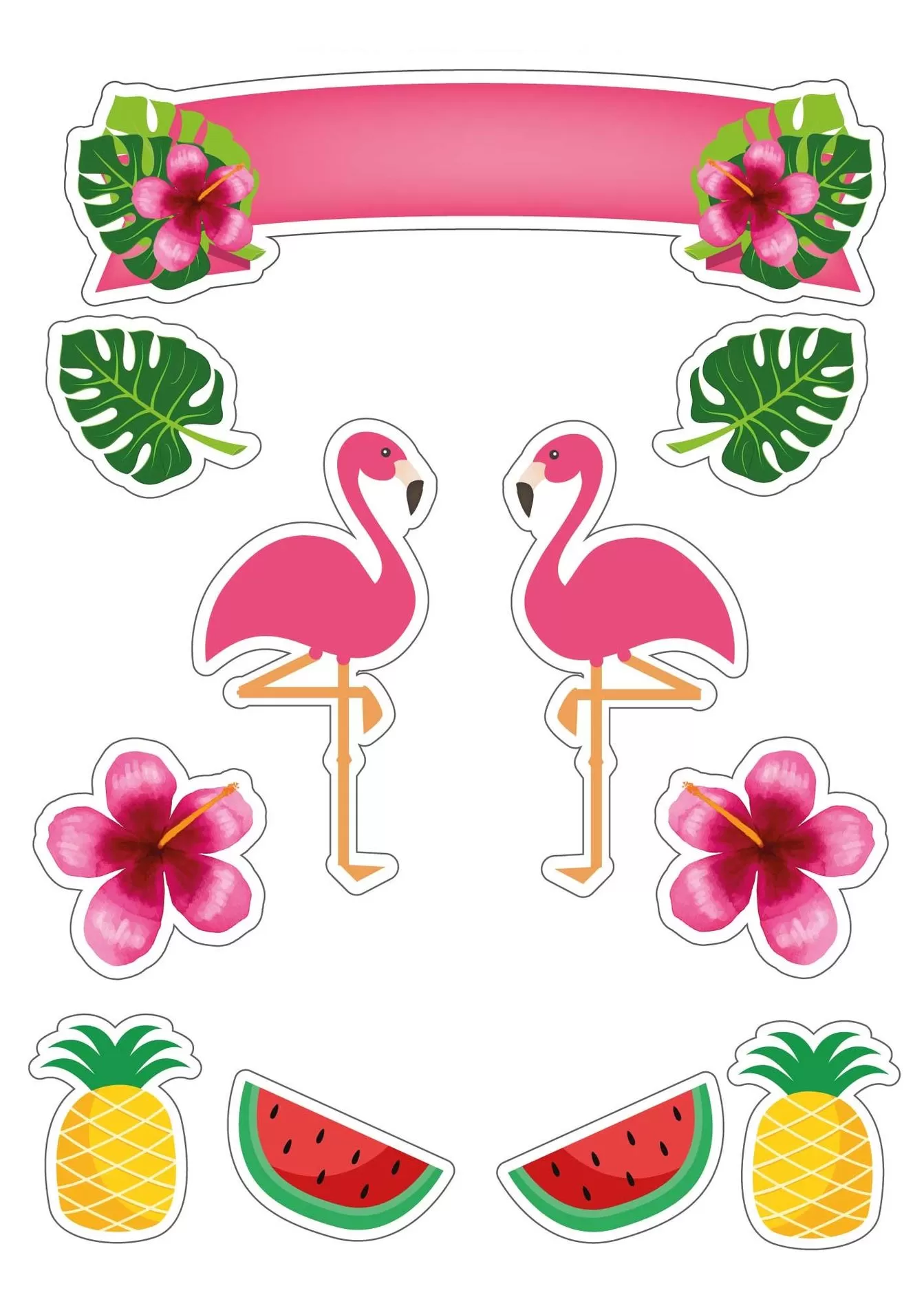 Topo de bolo flamingo tropical para festa de menina. Decoração vibrante com hibiscos, abacaxis e melancias.