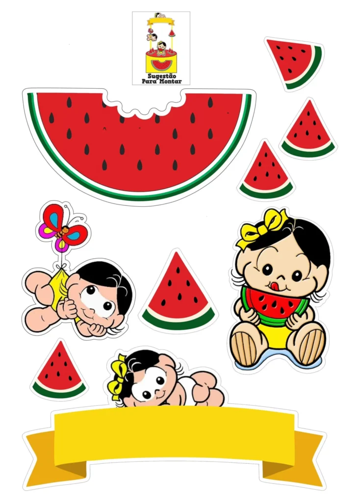 Topo de Bolo Magali Melancia: Decoração de festa temática com a personagem e a fruta.