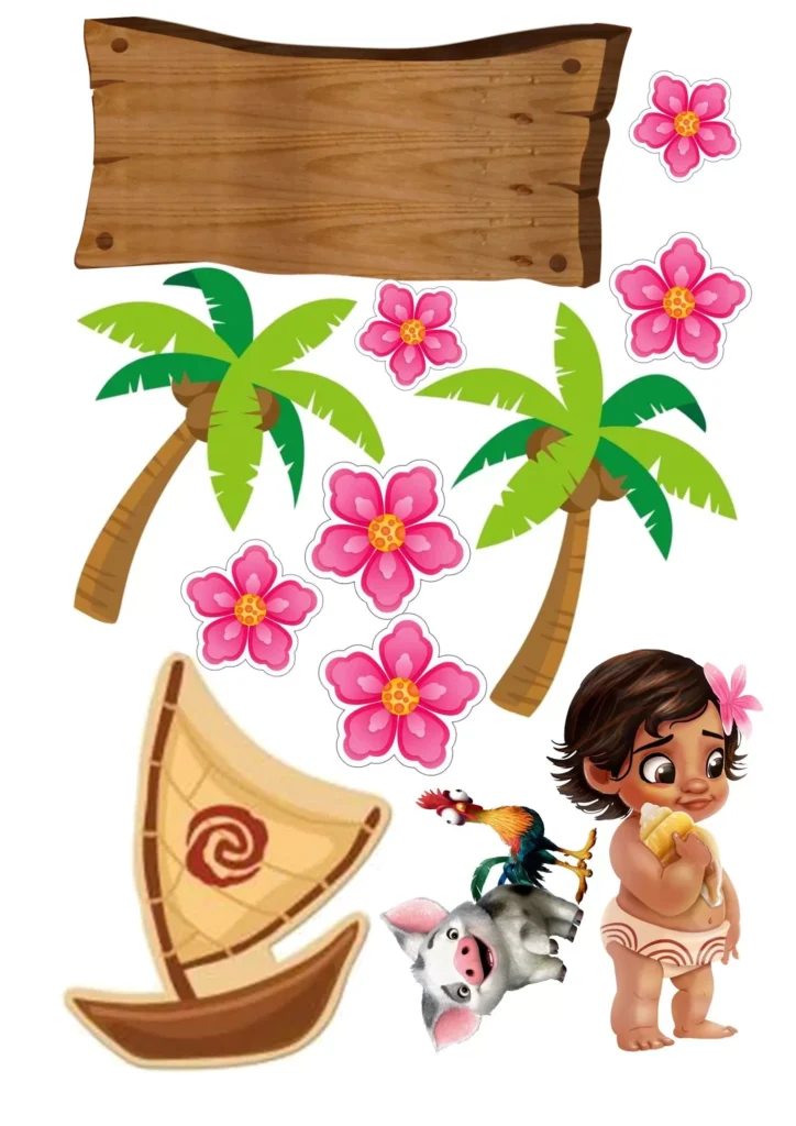 Topo de bolo Moana Baby: decoração de festa com Moana, Pua e Hei Hei em clima tropical.