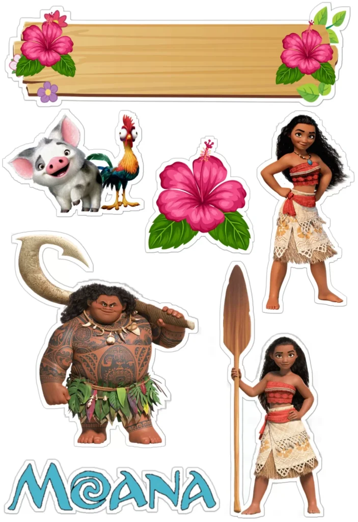 Topo de Bolo Moana para Festa: Decoração Temática com Pua, Hei Hei e Maui