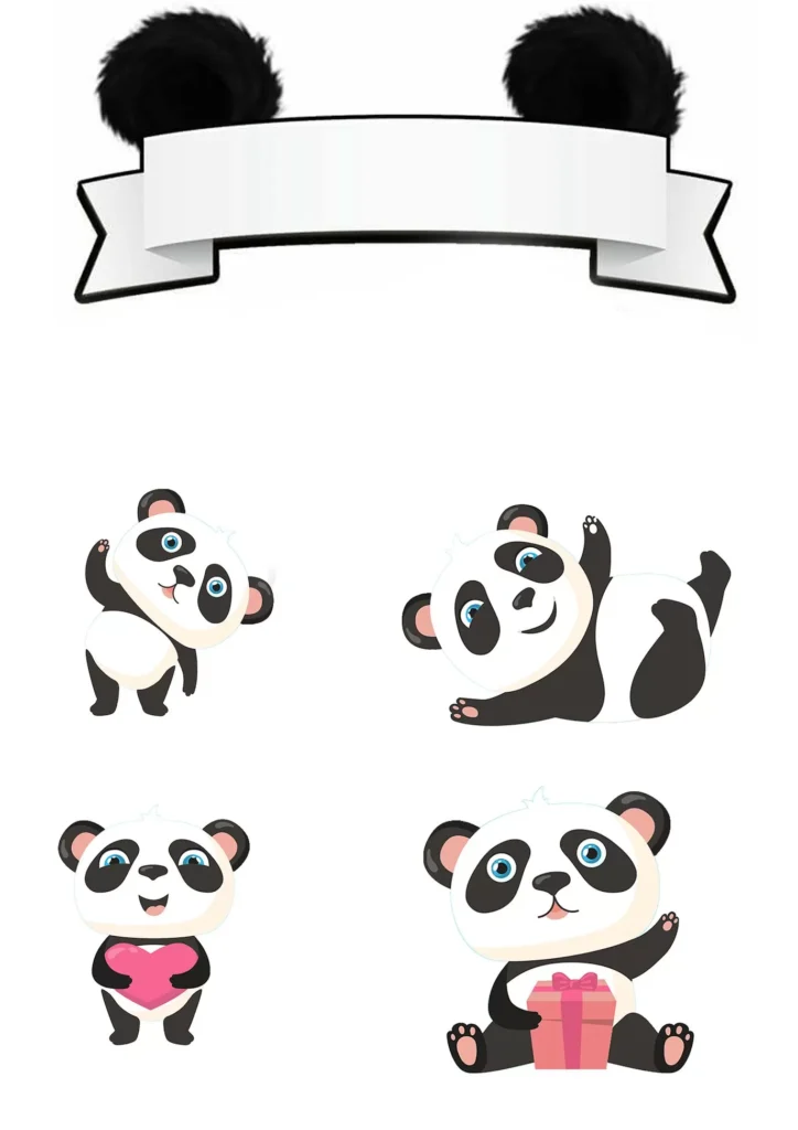 Topo de bolo Panda para festa de aniversário de menina. Detalhes em rosa e design festivo com pandas adoráveis.