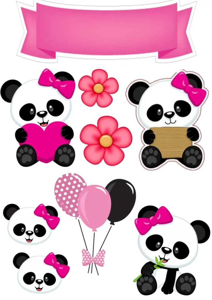 Topo de Bolo Panda Menina Rosa e Preto para Festa
