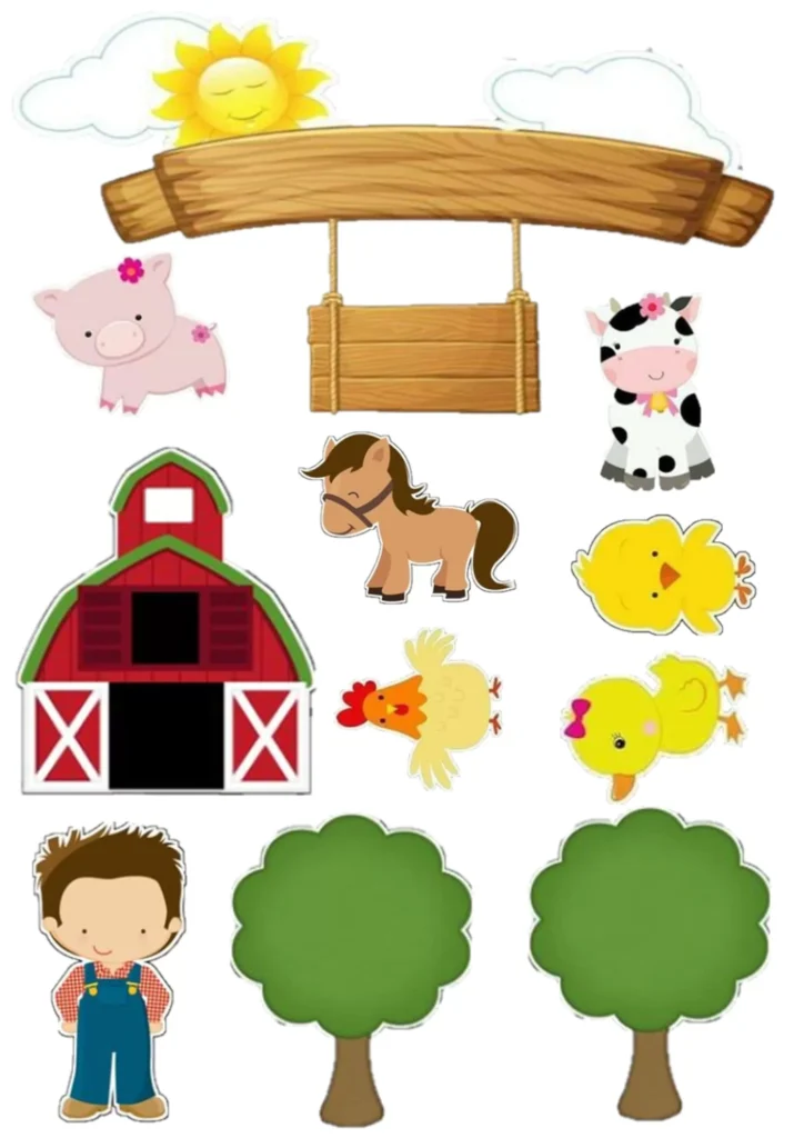 Topo de Bolo Fazenda Menino com animais e celeiro