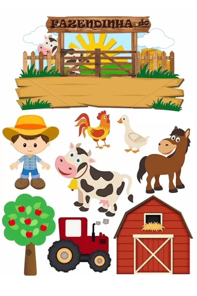Topo de bolo fazendinha para festa de aniversário de menino. Detalhes incluem menino fazendeiro, vaca, galo, ganso, cavalo, trator e celeiro.