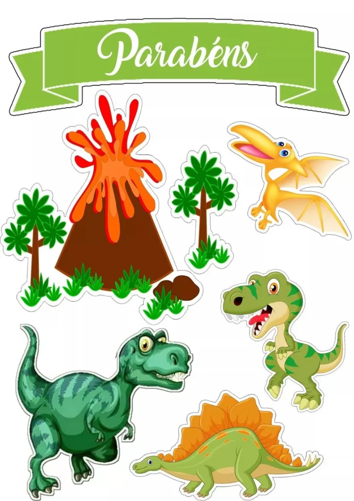 Topo de Bolo Dinossauro Parabéns: Decoração vibrante para festa de aniversário com vulcão, T-Rex e estegossauro.