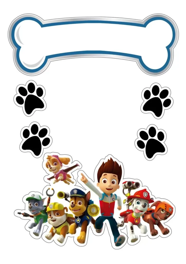 Topo de bolo Patrulha Canina para festa de aniversário de menino. Decoração com Marshall, Rubble, Chase e Ryder.