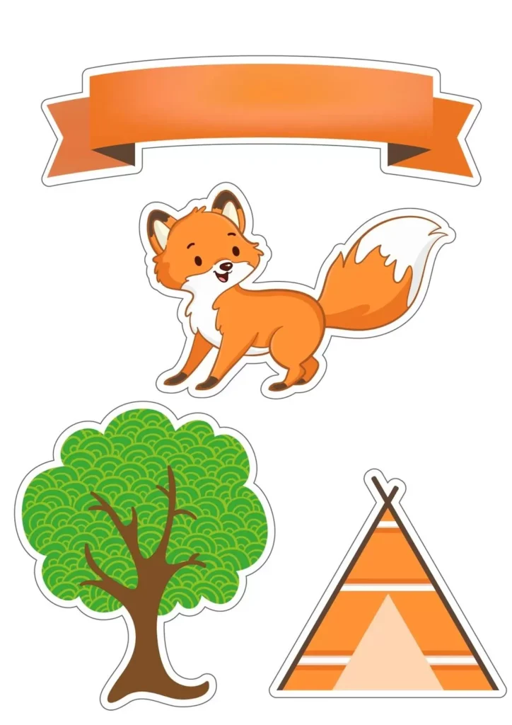 Topo de bolo raposa para festa de menino com tema florestal. Decoração recortada com raposa sorrindo, árvore e tenda laranja.