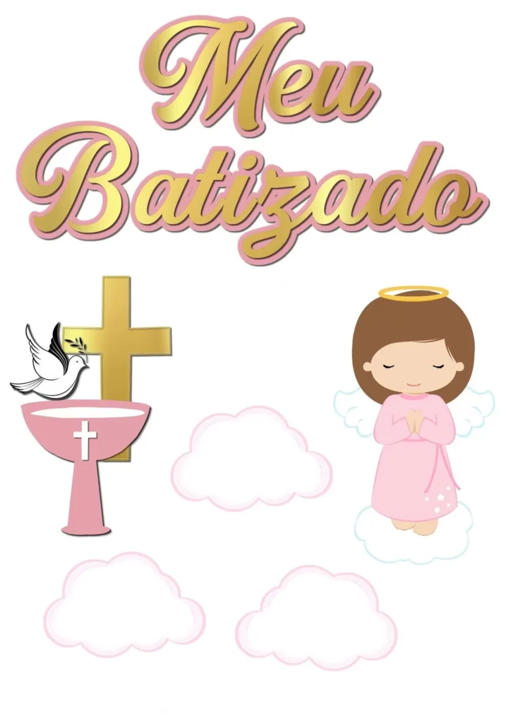 Topo de Bolo Batizado Anjinha Rosa: decoração delicada para celebração religiosa.
