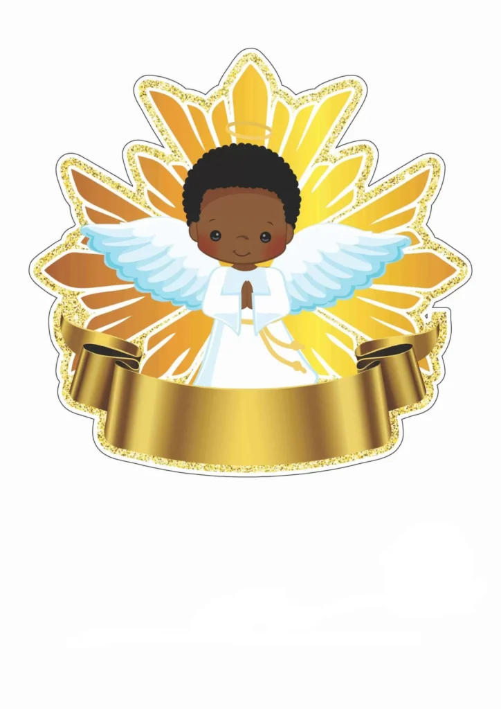 Topo de Bolo Batizado Anjo Dourado Afrodescendente