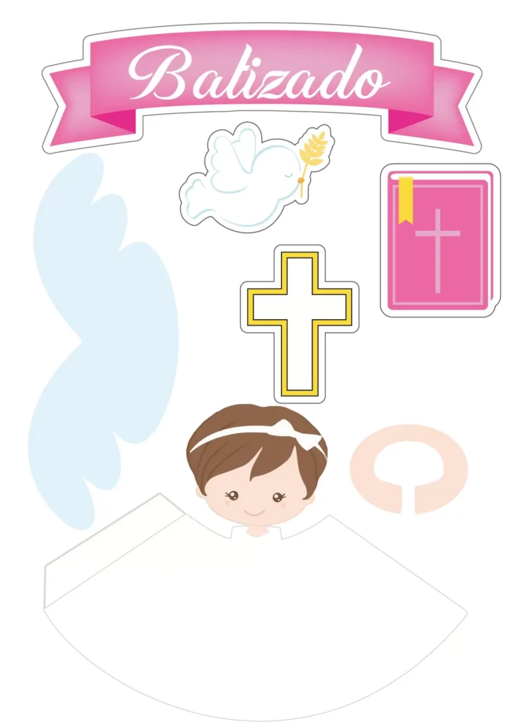 Topo de Bolo Batizado Personalizado: Decoração delicada com pomba, anjo e cruz