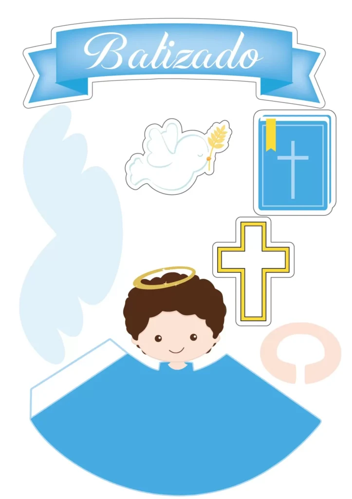 Topo de Bolo Batizado Menino: Decoração delicada com anjo, pombo e símbolos religiosos.