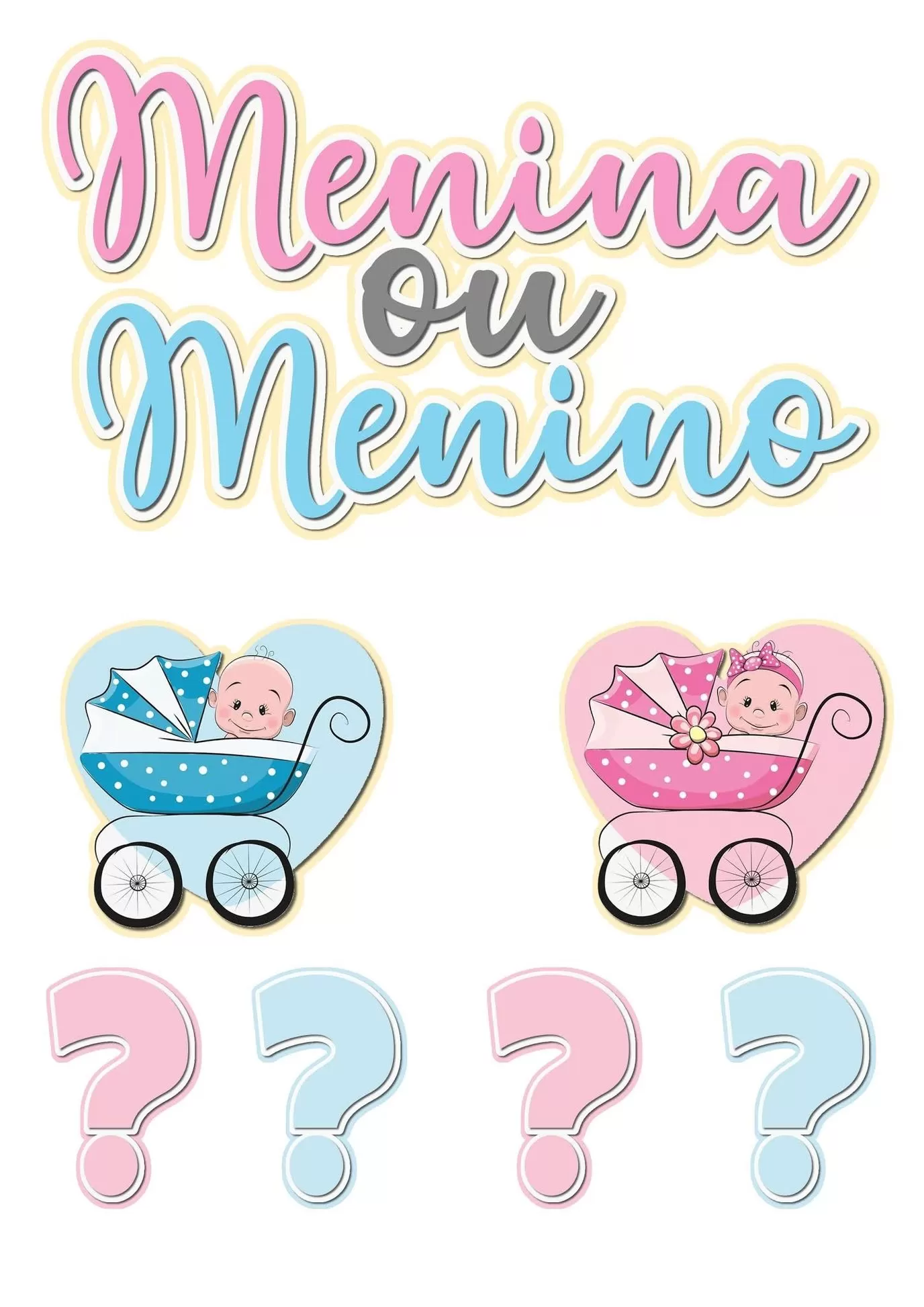 Topo de Bolo para Chá Revelação Carrinho de Bebê Topo de bolo chá revelação com carrinhos de bebê rosa e azul. Decoração 'Menina ou Menino?' com interrogações.