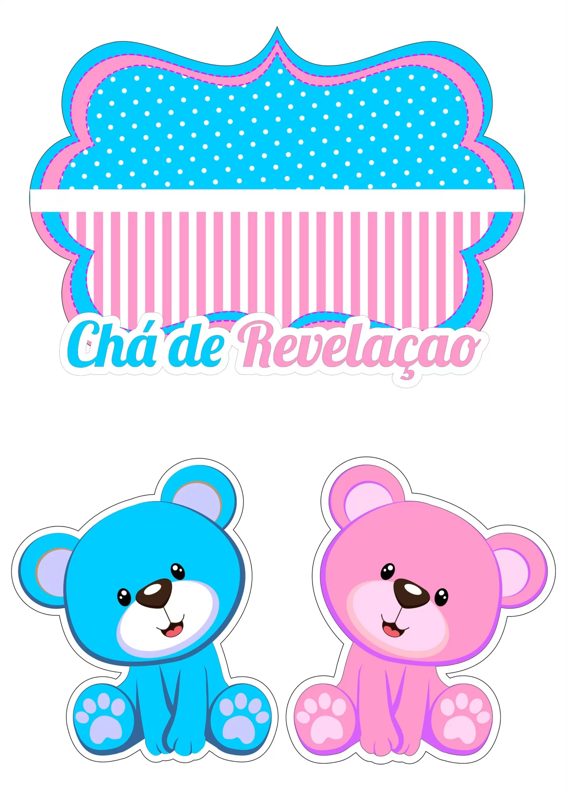 Topo de Bolo Chá Revelação: Placa decorativa 'Menino ou Menina' com ursinhos azul e rosa.