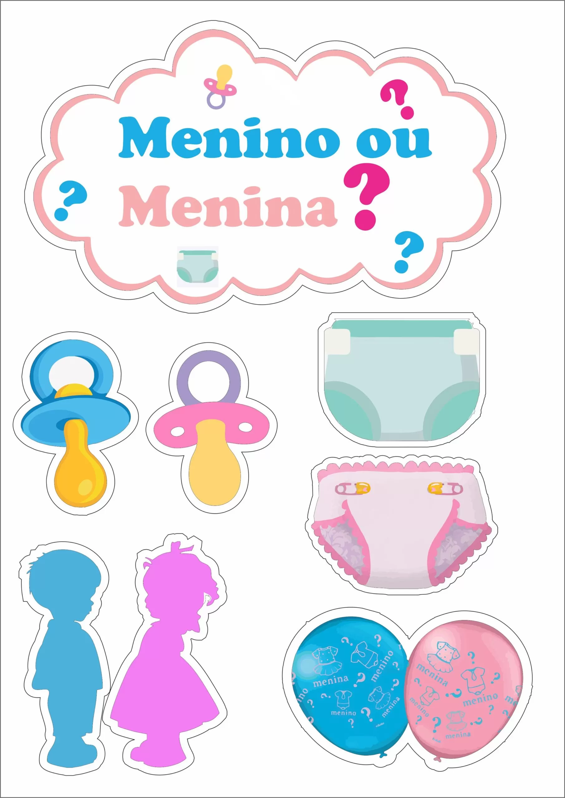 Topo de Bolo para Chá Revelação Rosa ou Azul Topo de Bolo Chá Revelação: Descubra se é Menino ou Menina! Decoração com nuvem, chupetas, fraldas e balões rosa e azul.
