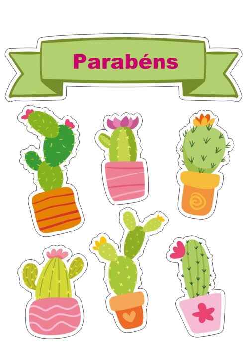 Topo de Bolo Parabéns Cactos: Decoração temática para festa de aniversário