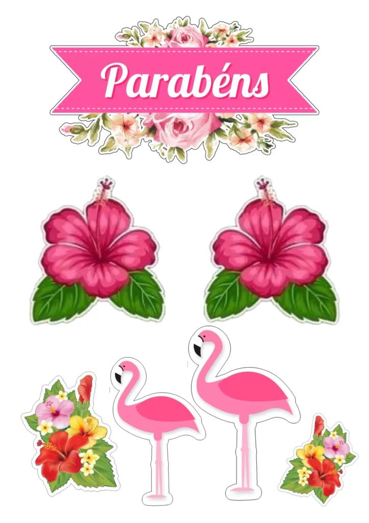 Topo de Bolo Flamingo Parabéns para Festa Tropical