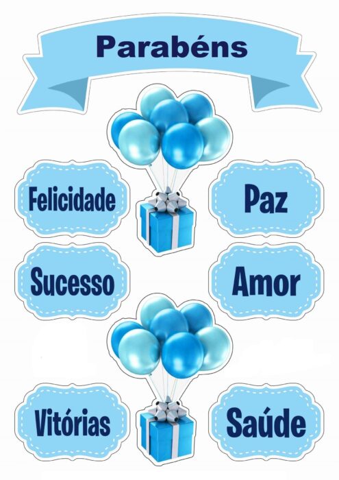 Topo de Bolo Parabéns Azul Imprimível: Celebração com Felicidade, Paz e Sucesso