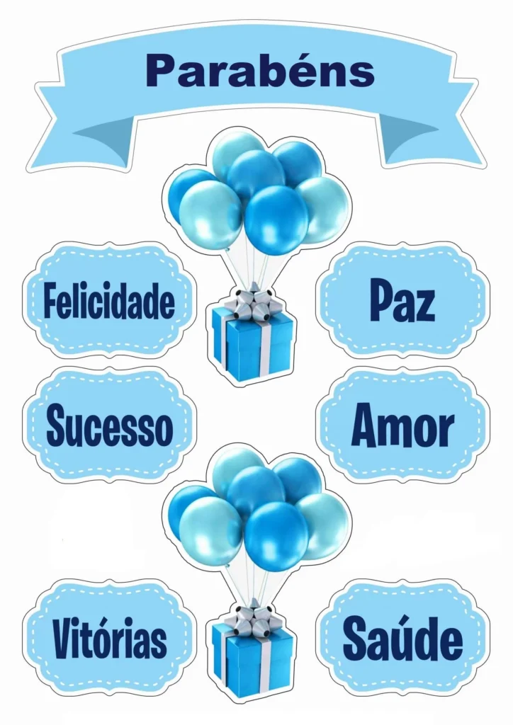 Topo de Bolo Parabéns Azul Imprimível: Celebração com Felicidade, Paz e Sucesso