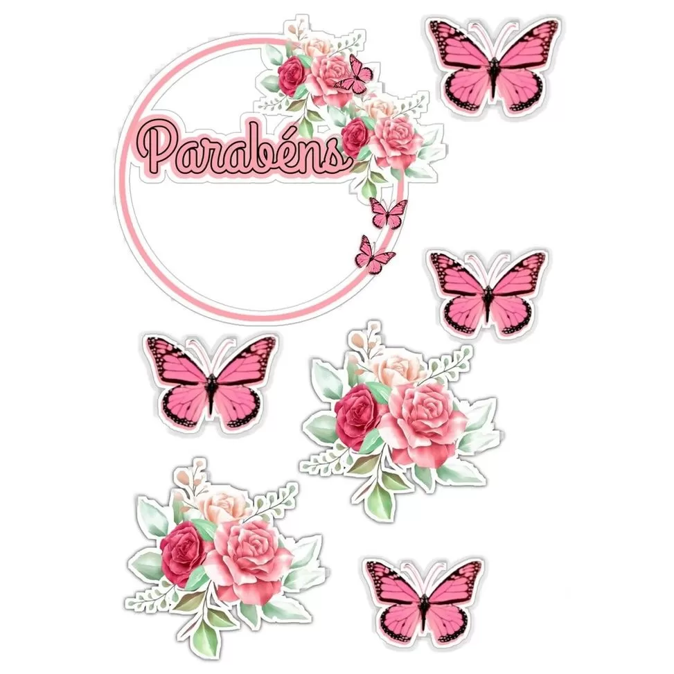 Topo de Bolo Parabéns Borboletas Rosas para Festa Imprimir