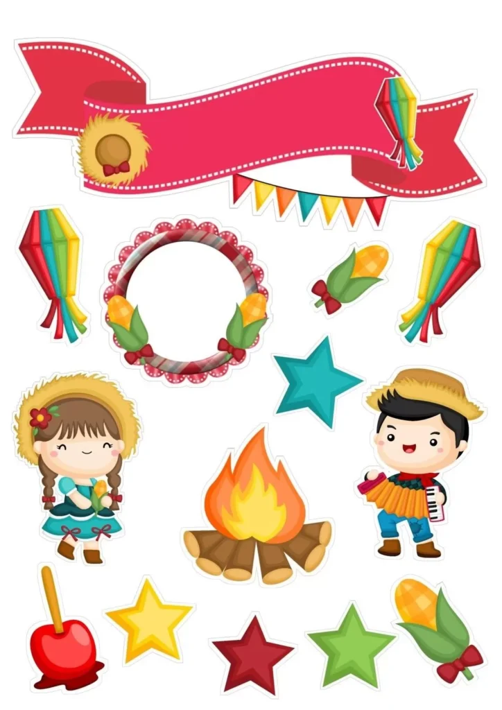 Topo de Bolo Arraiá São João: Decoração de Festa Junina com Chapéu, Lanterna, Guirlanda, Milho, Casal Caipira e Fogueira.